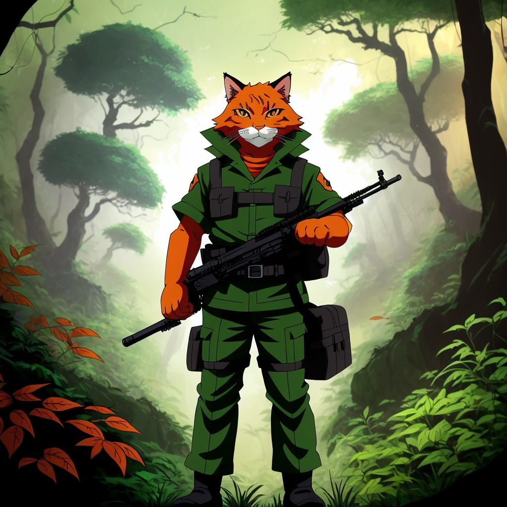Anime Style: (an anthropomorphic orange cat) wearing a military uniform, standing in a smoky jungle during the Vietnam War, anime style, dramatic lighting, expressive eyes, vibrant foliage, cinematic composition, carrying a rifle, emotional tension Anime Style: an anthropomorphic orange cat in a military uniform